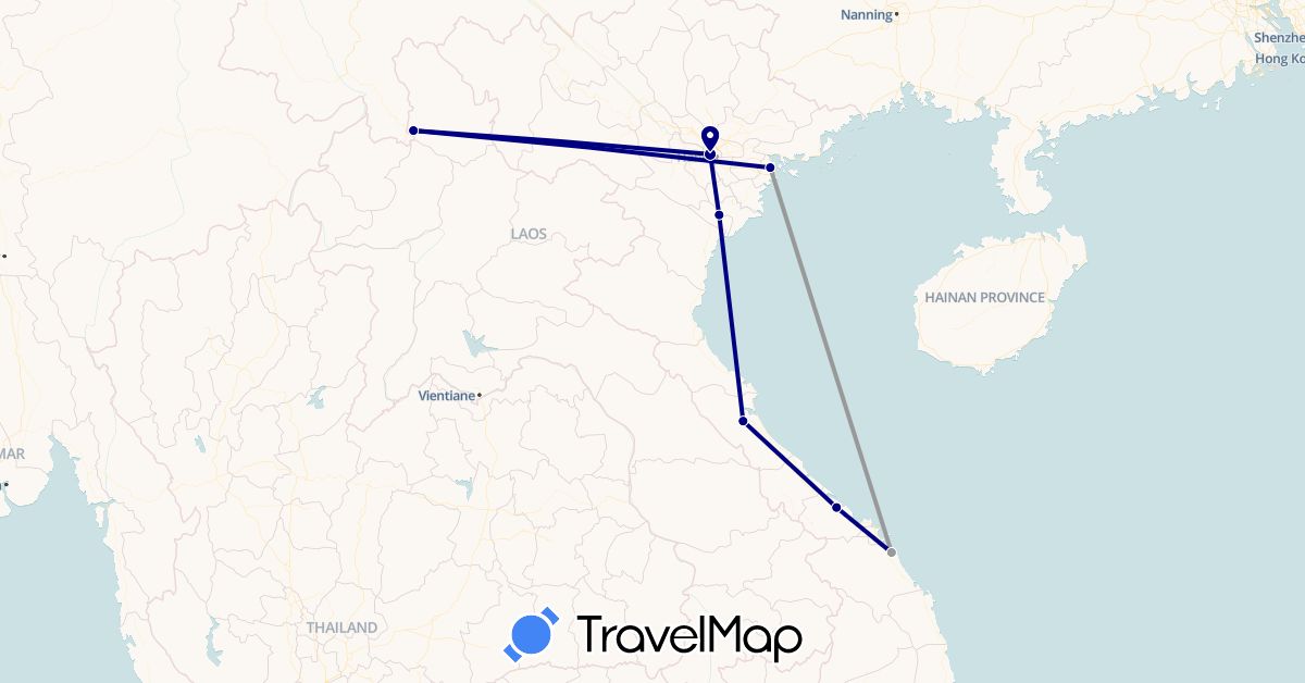 TravelMap itinerary: driving, plane in Laos, Vietnam (Asia)
